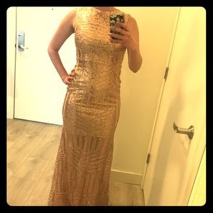 Sequence rose gold evening gown.